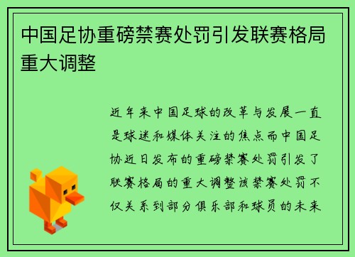 中国足协重磅禁赛处罚引发联赛格局重大调整 中国足协重磅禁赛处罚引发联赛格局重大调整